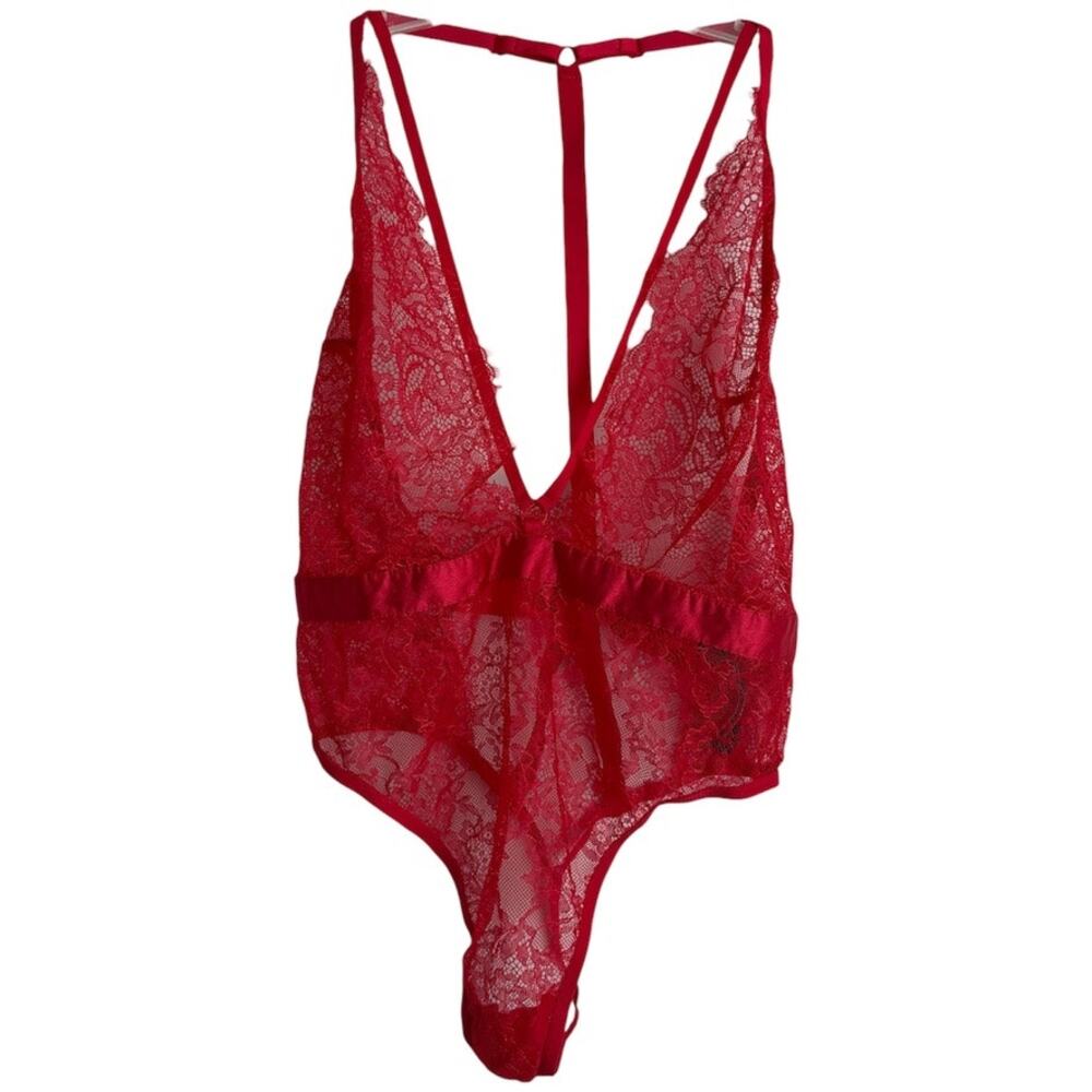 Victoria's Secret Red Lace Plunge Sheer Strappy Back Bodysuit Teddy Size Medium